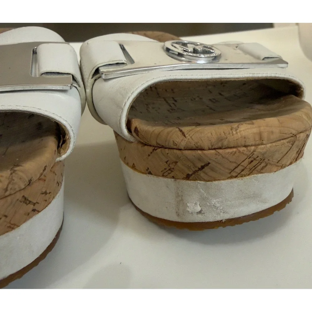 Michael Kors White Leather Cork Wedge Platform Sandals MK Logo Slides size 6